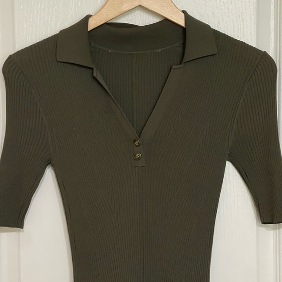 EVERLANE Olive Green Ribbed Knit Dress Aline Fit & Flare Collared - Picture 3 of 7